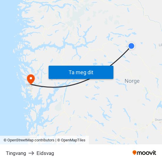 Tingvang to Eidsvag map