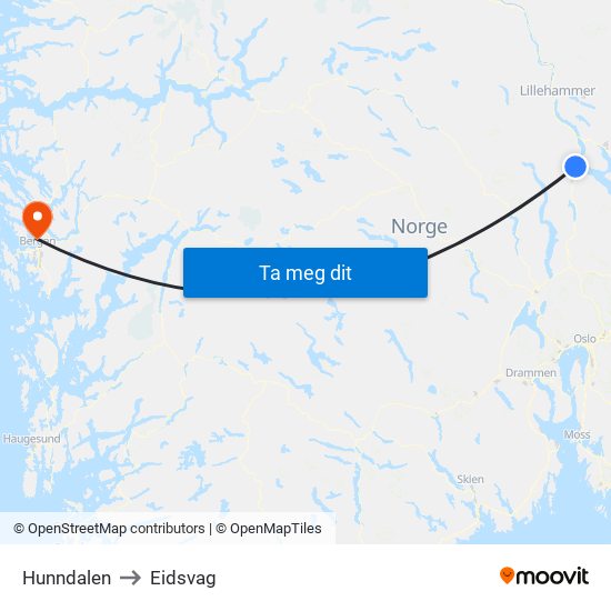 Hunndalen to Eidsvag map