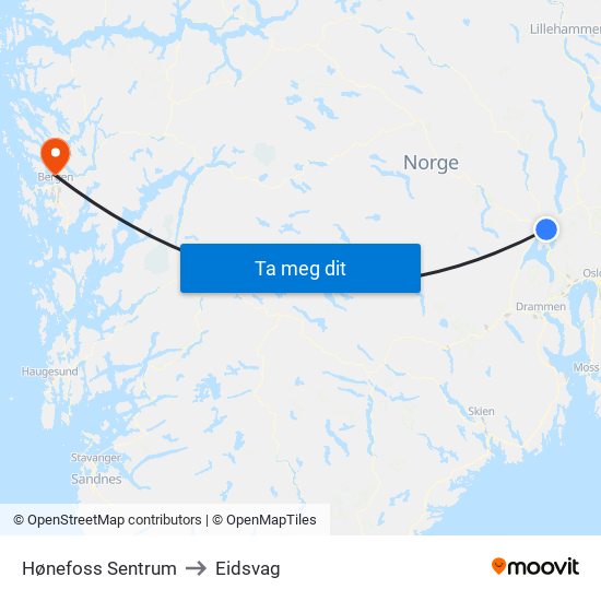 Hønefoss Sentrum to Eidsvag map