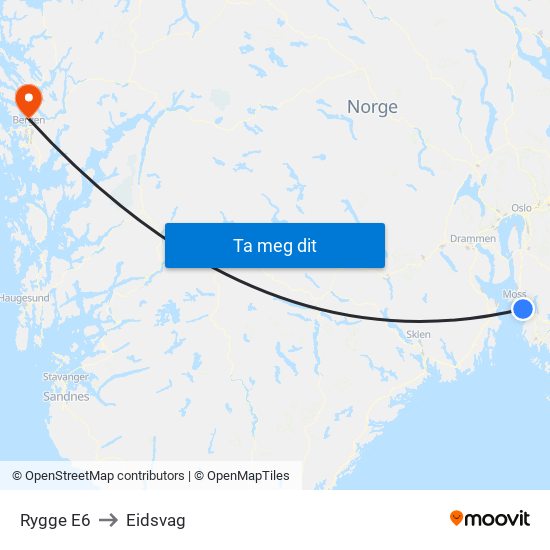 Rygge E6 to Eidsvag map