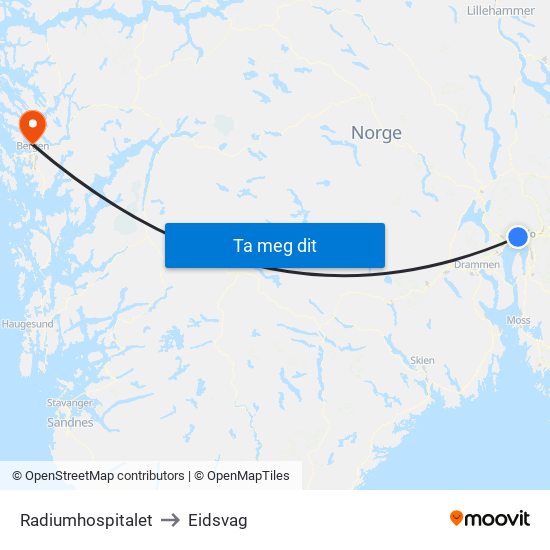 Radiumhospitalet to Eidsvag map