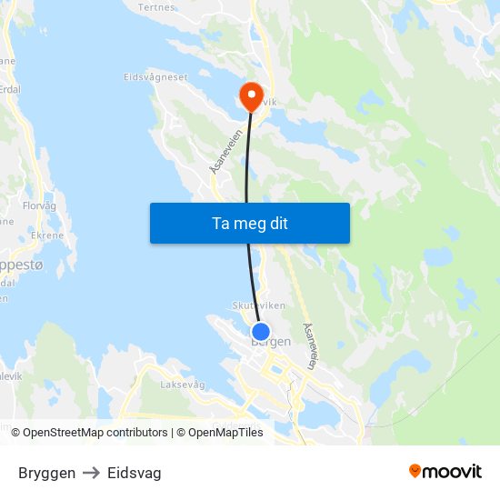 Bryggen to Eidsvag map