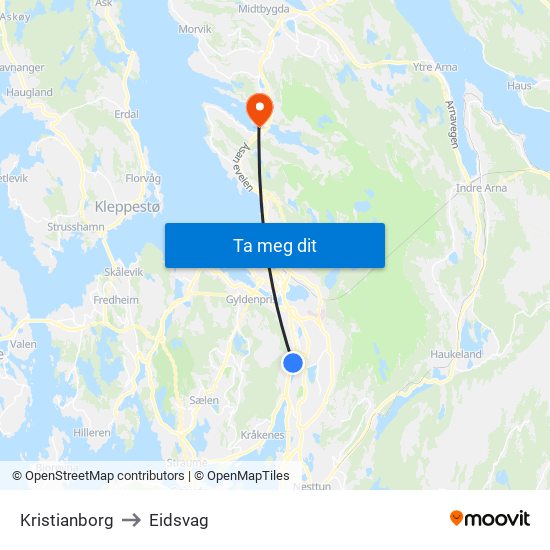 Kristianborg to Eidsvag map