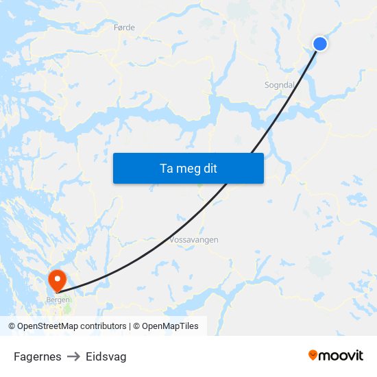 Fagernes to Eidsvag map