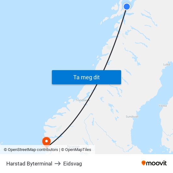 Harstad Byterminal to Eidsvag map