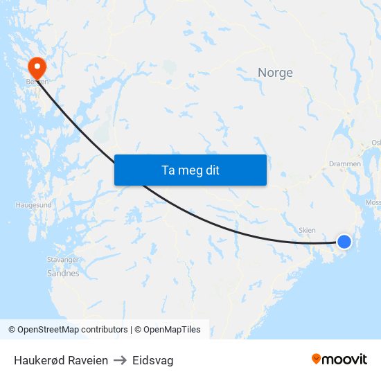 Haukerød Raveien to Eidsvag map