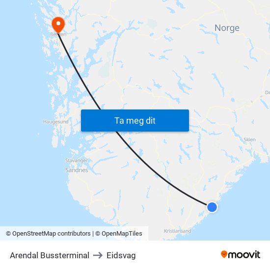 Arendal Bussterminal to Eidsvag map