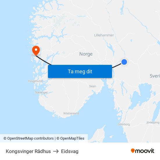 Kongsvinger Rådhus to Eidsvag map
