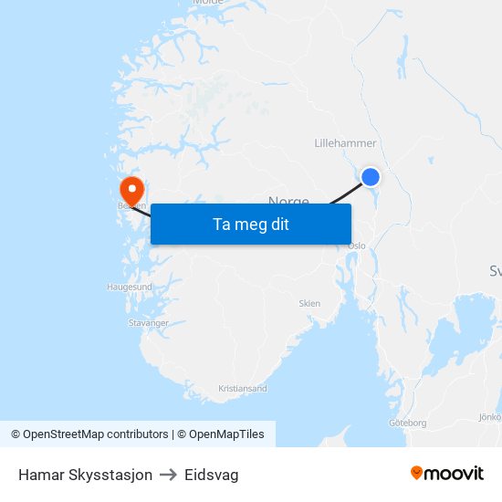 Hamar Skysstasjon to Eidsvag map