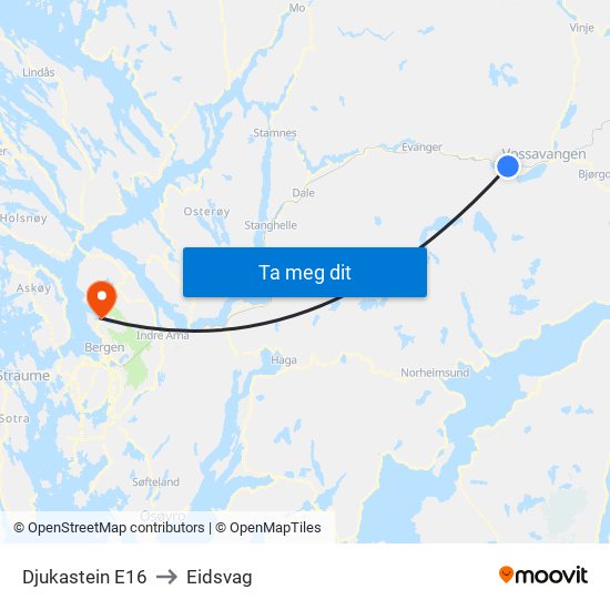 Djukastein E16 to Eidsvag map