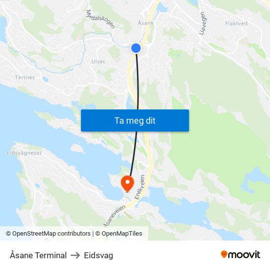 Åsane Terminal to Eidsvag map