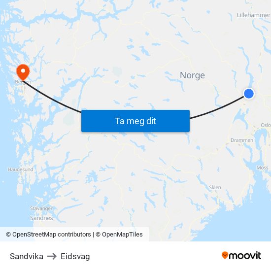 Sandvika to Eidsvag map