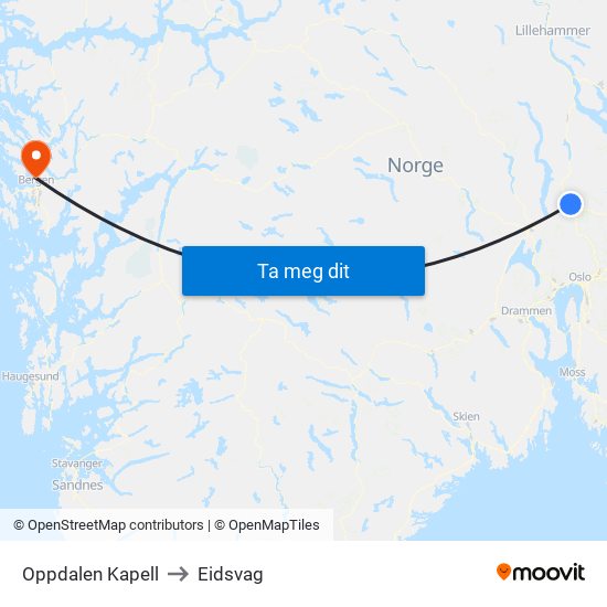 Oppdalen Kapell to Eidsvag map