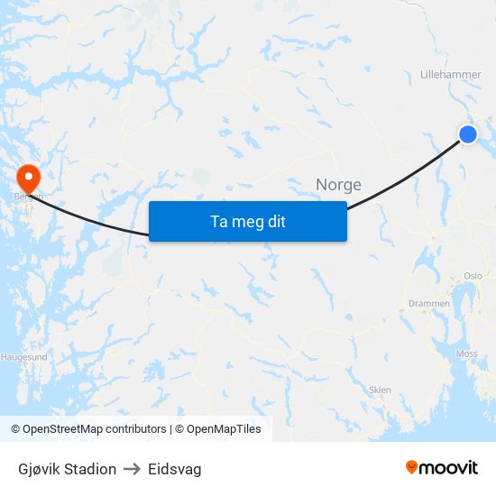 Gjøvik Stadion to Eidsvag map