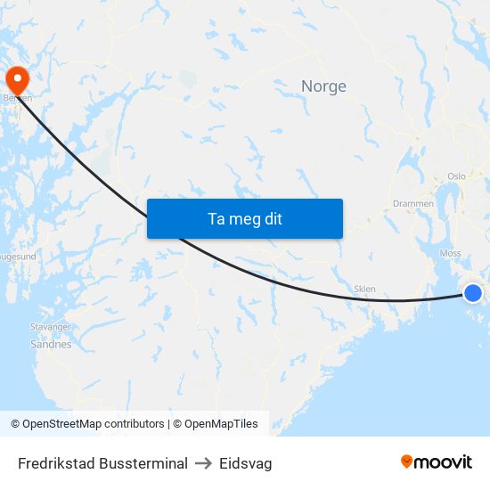 Fredrikstad Bussterminal to Eidsvag map