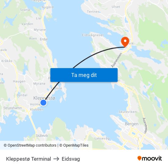 Kleppestø Terminal to Eidsvag map