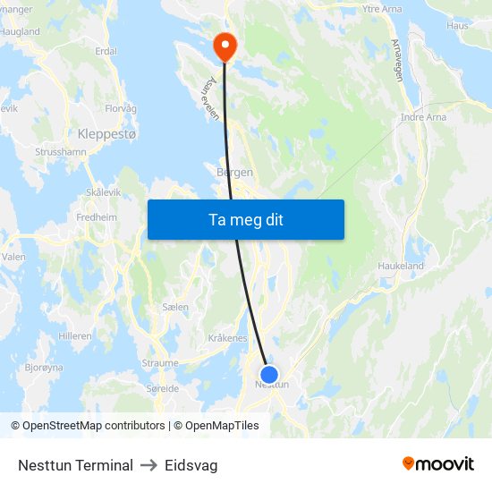Nesttun Terminal to Eidsvag map