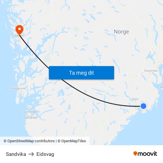 Sandvika to Eidsvag map