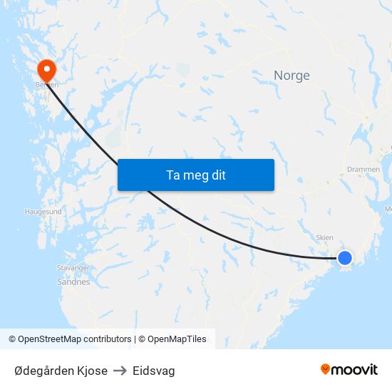 Ødegården Kjose to Eidsvag map