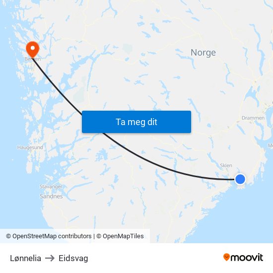 Lønnelia to Eidsvag map
