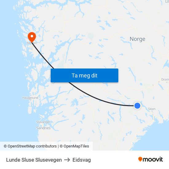 Lunde Sluse Slusevegen to Eidsvag map