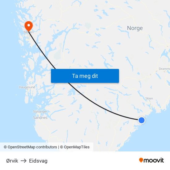 Ørvik to Eidsvag map