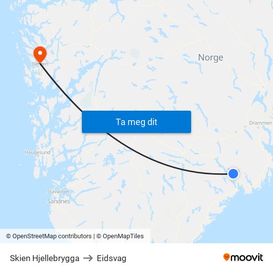 Skien Hjellebrygga to Eidsvag map
