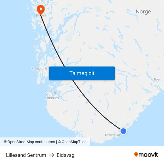 Lillesand Sentrum to Eidsvag map