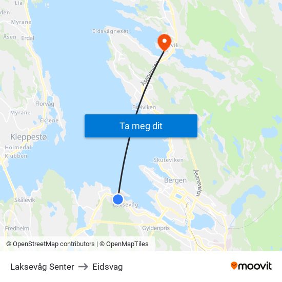 Laksevåg Senter to Eidsvag map