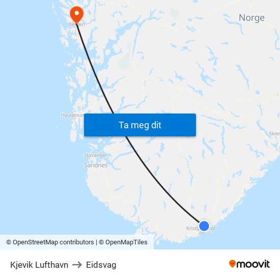 Kjevik Lufthavn to Eidsvag map