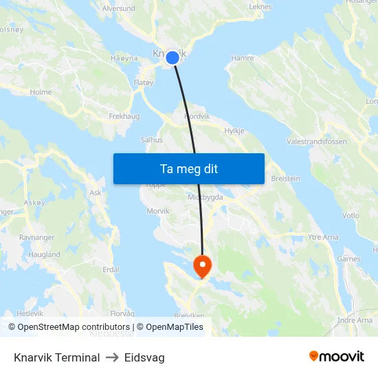 Knarvik Terminal to Eidsvag map