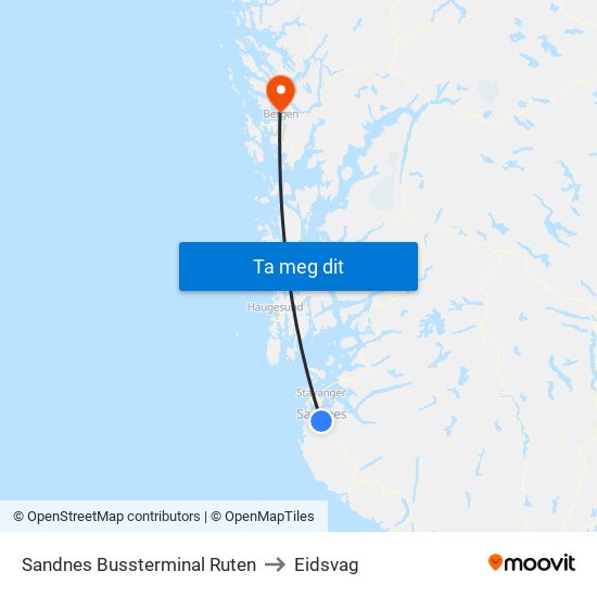 Sandnes Bussterminal Ruten to Eidsvag map