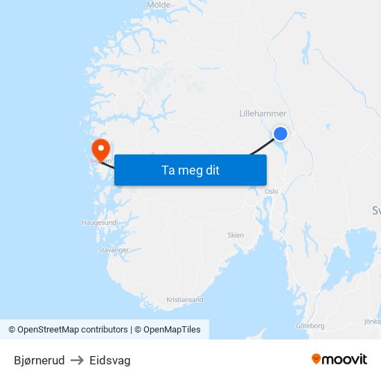 Bjørnerud to Eidsvag map