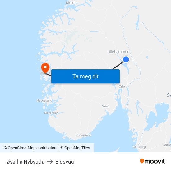 Øverlia Nybygda to Eidsvag map