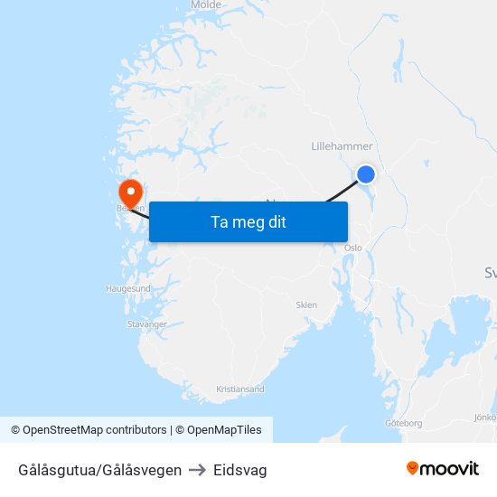 Gålåsgutua/Gålåsvegen to Eidsvag map