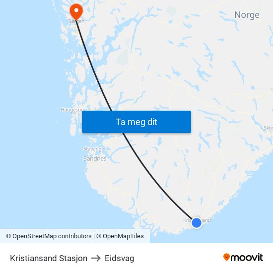 Kristiansand Stasjon to Eidsvag map