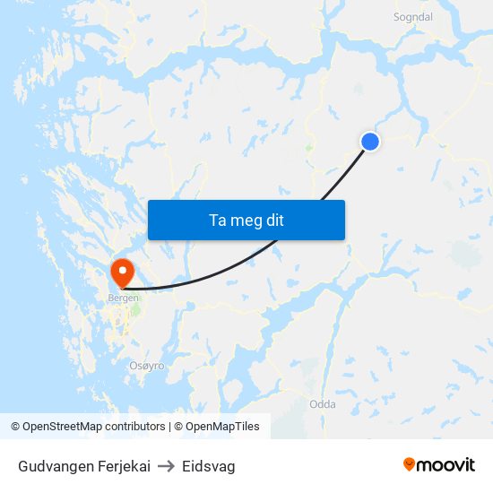 Gudvangen Ferjekai to Eidsvag map