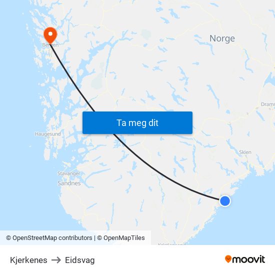 Kjerkenes to Eidsvag map