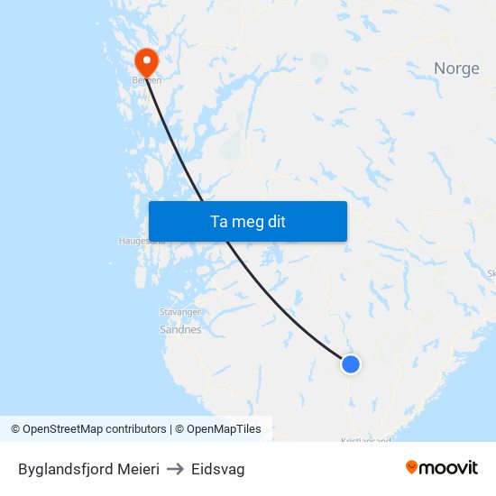 Byglandsfjord Meieri to Eidsvag map
