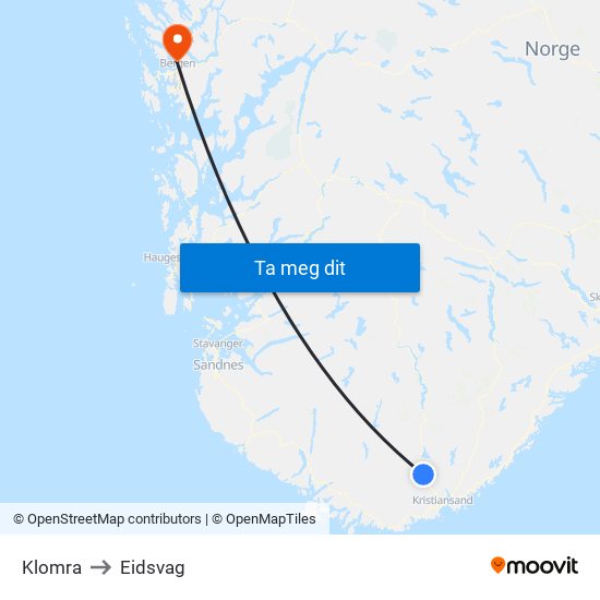Klomra to Eidsvag map
