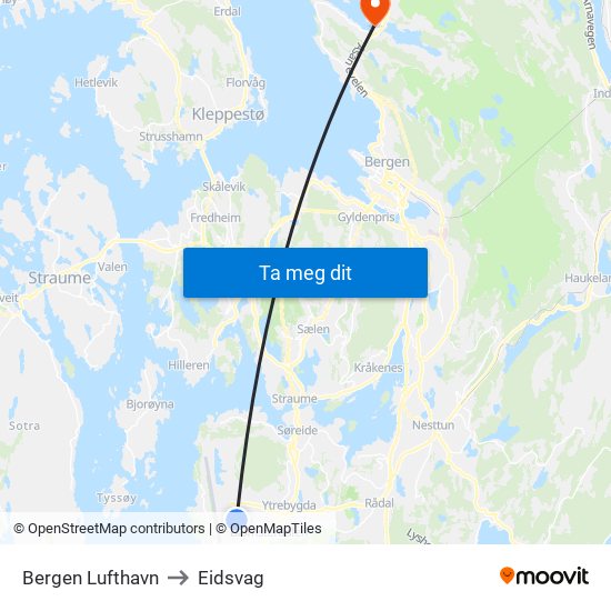 Bergen Lufthavn to Eidsvag map