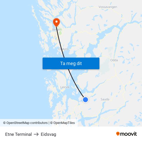 Etne Terminal to Eidsvag map