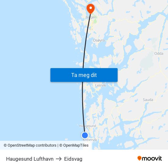 Haugesund Lufthavn to Eidsvag map