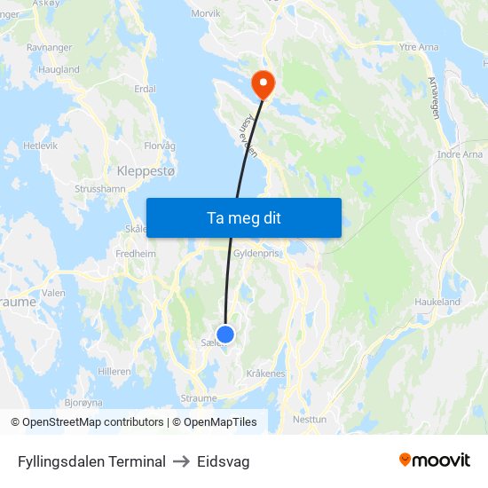 Fyllingsdalen Terminal to Eidsvag map