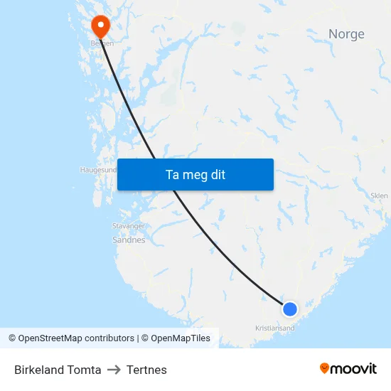 Birkeland Tomta to Tertnes map