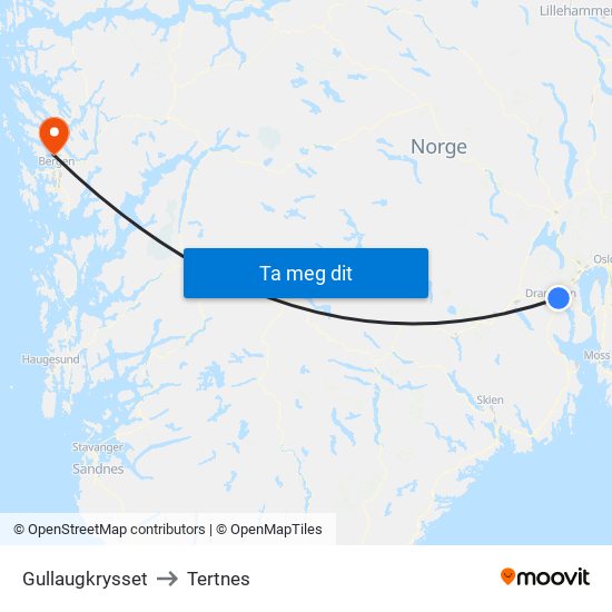 Gullaugkrysset to Tertnes map