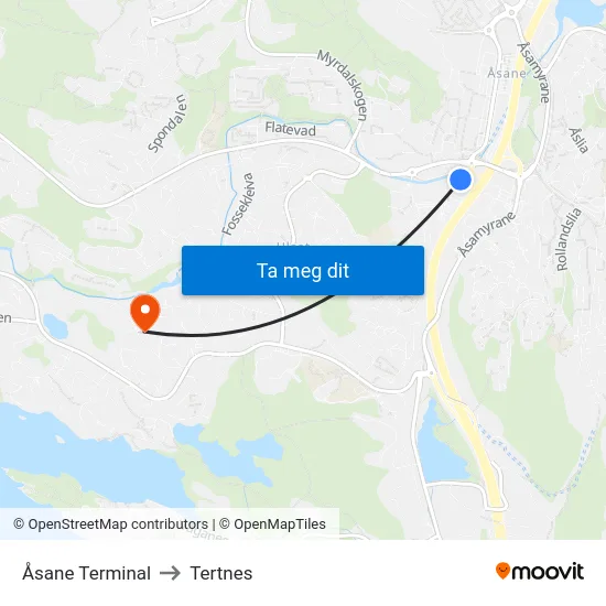 Åsane Terminal to Tertnes map