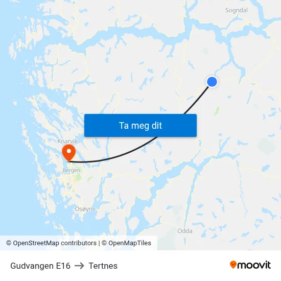 Gudvangen E16 to Tertnes map