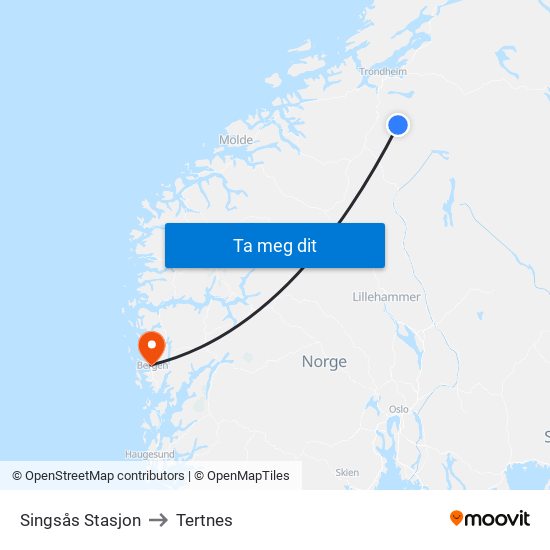 Singsås Stasjon to Tertnes map