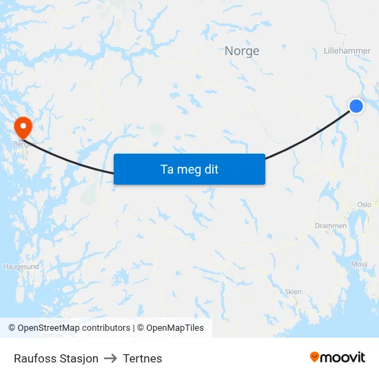Raufoss Stasjon to Tertnes map